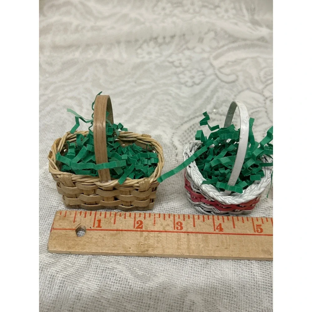 Miniature Easter Basket Set 2 Tiny Woven Baskets 3 Speckled Eggs Dollhouse Decor
